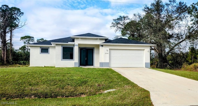 208 Genoa Ave S, Lehigh Acres, FL 33974 - prairie-style home featuring a shingled roof, a garage, stucco siding, a front yard, and driveway