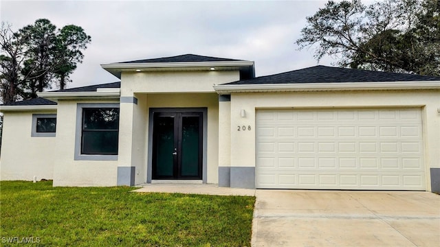 208 Genoa Ave S, Lehigh Acres, FL 33974 - prairie-style house with stucco siding, an attached garage, driveway, and a front lawn