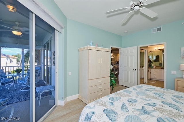 bedroom featuring ensuite bathroom, visible vents, baseboards, light wood finished floors, and access to outside