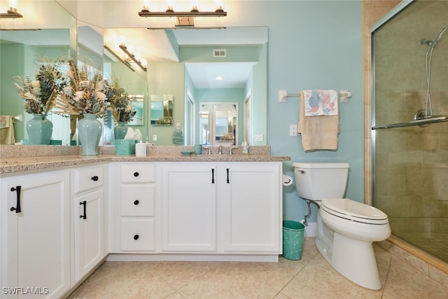 full bathroom with tile patterned flooring, a shower stall, toilet, and visible vents