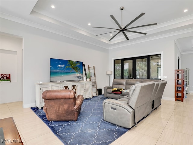 tiled living area featuring ornamental molding, a ceiling fan, and recessed lighting