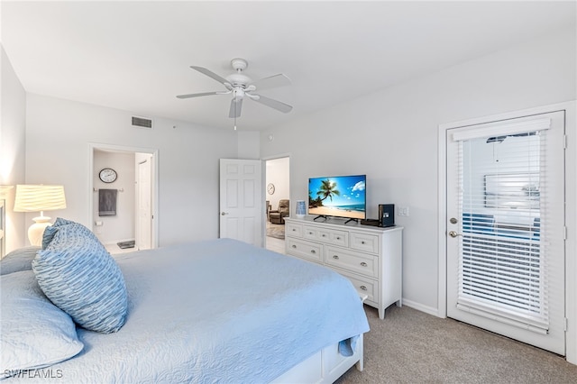 8115 Celeste Dr Unit 6110, Naples, FL 34113 - bedroom with a ceiling fan, visible vents, baseboards, ensuite bathroom, and light carpet