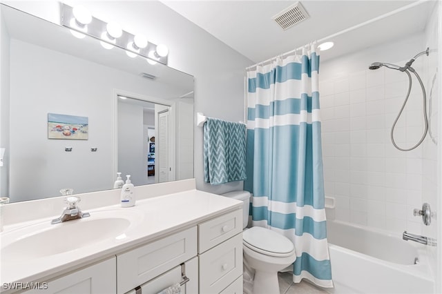 8115 Celeste Dr Unit 6110, Naples, FL 34113 - bathroom with visible vents, tile patterned flooring, vanity, toilet, and shower / bathtub combination with curtain