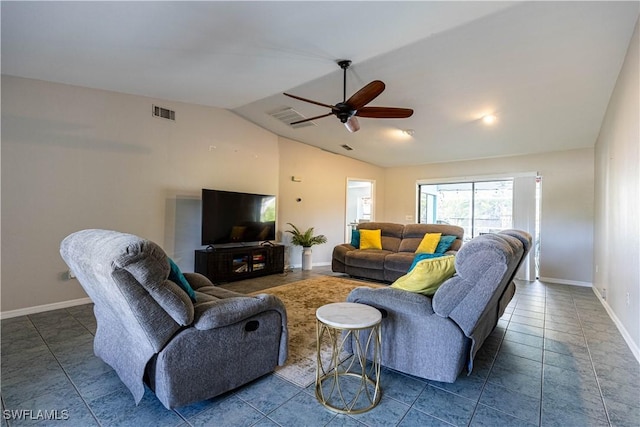 1209 SW 36th Ter, Cape Coral, FL 33914 - tiled living area featuring lofted ceiling, baseboards, and a ceiling fan