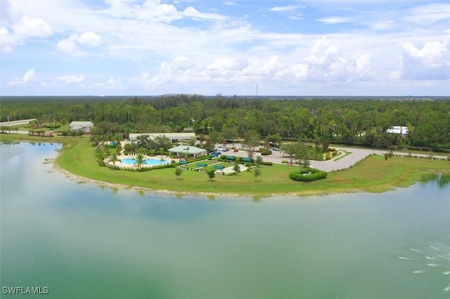 bird's eye view featuring a water view and a forest view