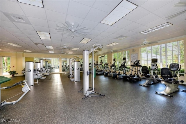 workout area with visible vents, a ceiling fan, and a paneled ceiling