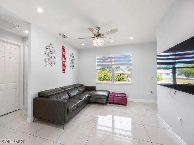 27257 Pinecrest Ln, Bonita Springs, FL 34135 - living room with visible vents, recessed lighting, baseboards, and ceiling fan