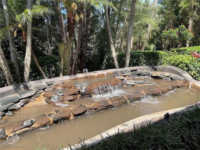 view of swimming pool featuring a small pond