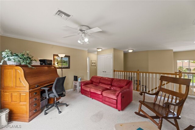 12541 Allendale Cir, Fort Myers, FL 33912 - home office with carpet, baseboards, a ceiling fan, and visible vents