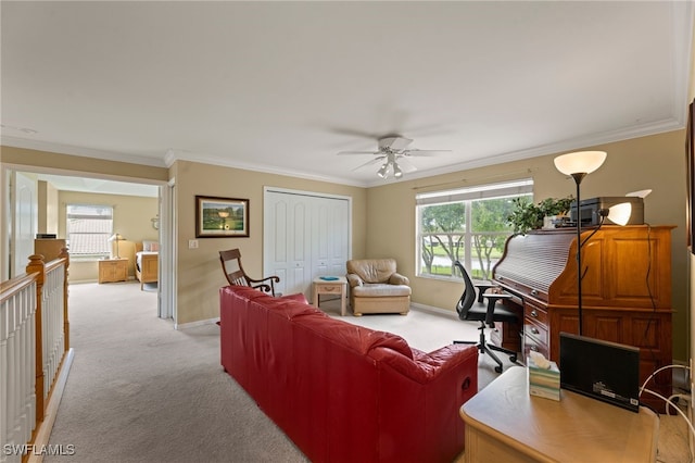 12541 Allendale Cir, Fort Myers, FL 33912 - living room with a ceiling fan, ornamental molding, light colored carpet, and baseboards