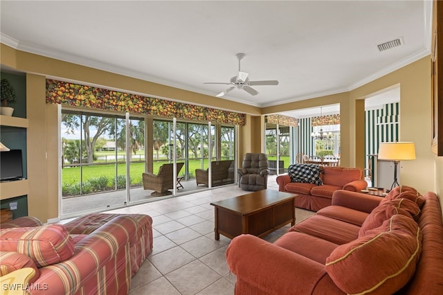 12541 Allendale Cir, Fort Myers, FL 33912 - living room with crown molding, light tile patterned floors, visible vents, and ceiling fan with notable chandelier