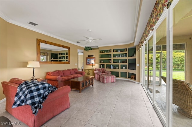 12541 Allendale Cir, Fort Myers, FL 33912 - living room with light tile patterned floors, a ceiling fan, visible vents, built in shelves, and ornamental molding