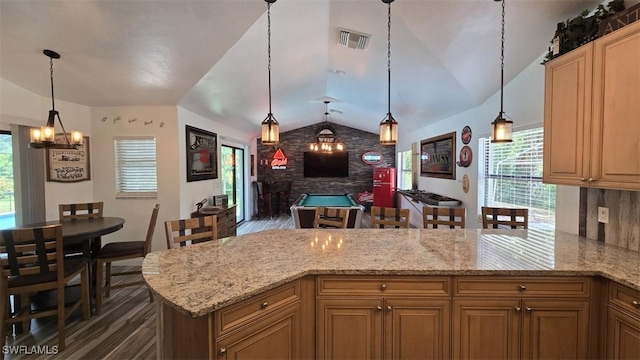 7311 Sean Ln, North Fort Myers, FL 33917 - kitchen featuring lofted ceiling, dark wood-style flooring, a peninsula, light stone counters, and pendant lighting