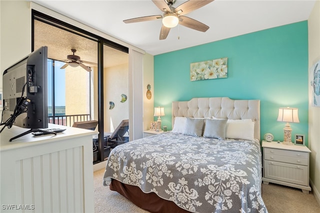 5781 Cape Harbour Dr Unit 610, Cape Coral, FL 33914 - bedroom featuring baseboards, carpet floors, a ceiling fan, floor to ceiling windows, and access to outside