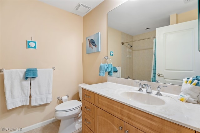 5781 Cape Harbour Dr Unit 610, Cape Coral, FL 33914 - bathroom featuring toilet, a shower with curtain, vanity, visible vents, and tile patterned floors