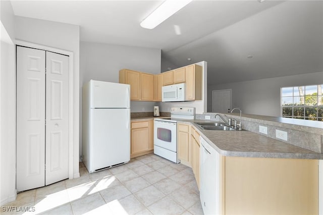 1401 NW 16th Pl, Cape Coral, FL 33993 - kitchen featuring white appliances, light brown cabinetry, a sink, lofted ceiling, and a peninsula