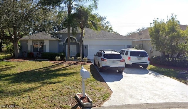 ranch-style house featuring a garage, stucco siding, a front yard, and concrete driveway