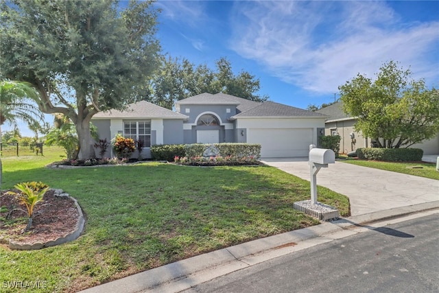 14831 Blackbird Ln, Fort Myers, FL 33919 - ranch-style house featuring a garage, driveway, a front yard, and stucco siding