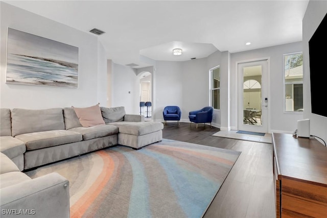 14831 Blackbird Ln, Fort Myers, FL 33919 - living room featuring wood finished floors, arched walkways, recessed lighting, and baseboards