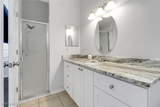 14831 Blackbird Ln, Fort Myers, FL 33919 - full bathroom featuring vanity, a shower stall, tile patterned flooring, and baseboards