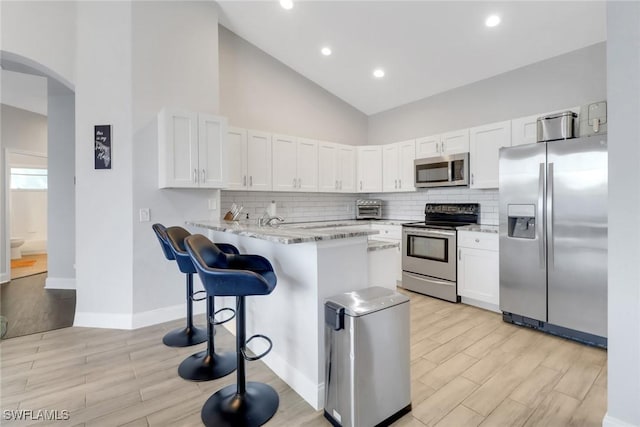 14831 Blackbird Ln, Fort Myers, FL 33919 - kitchen with stainless steel appliances, light wood-type flooring, arched walkways, high vaulted ceiling, and a peninsula