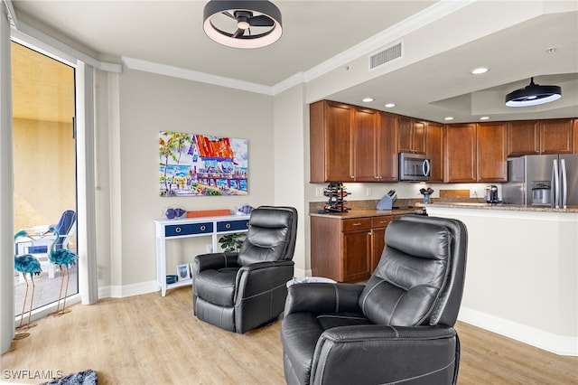 3414 Hancock Bridge Pkwy Unit 502, North Fort Myers, FL 33903 - living room with ornamental molding, light wood-style floors, baseboards, and recessed lighting