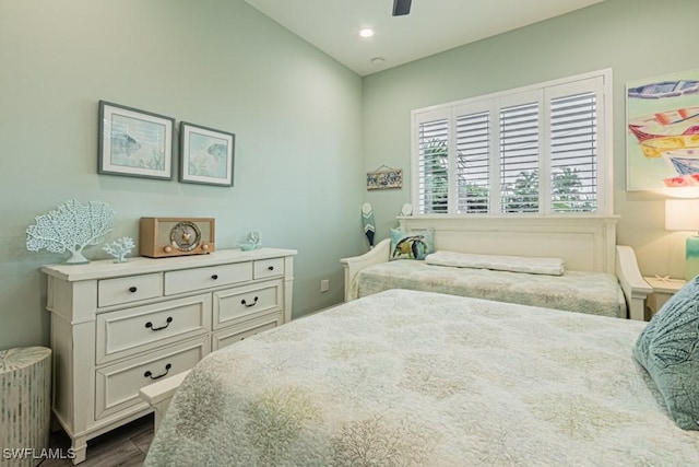 bedroom with recessed lighting, ceiling fan, and dark wood finished floors