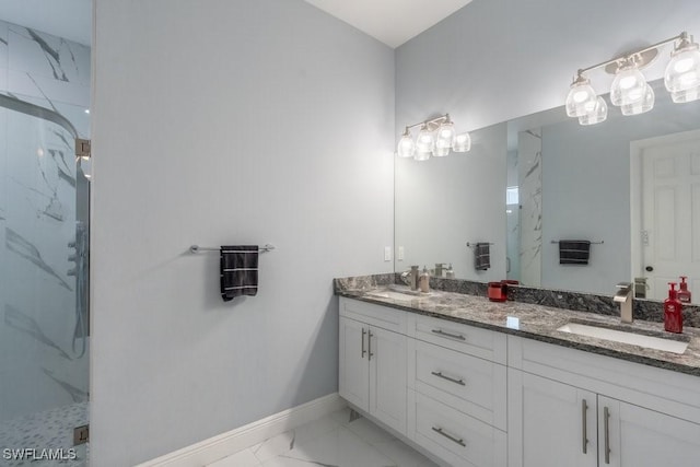 2625 27th Ave NE, Naples, FL 34120 - bathroom featuring marble finish floors, a marble finish shower, baseboards, and double vanity