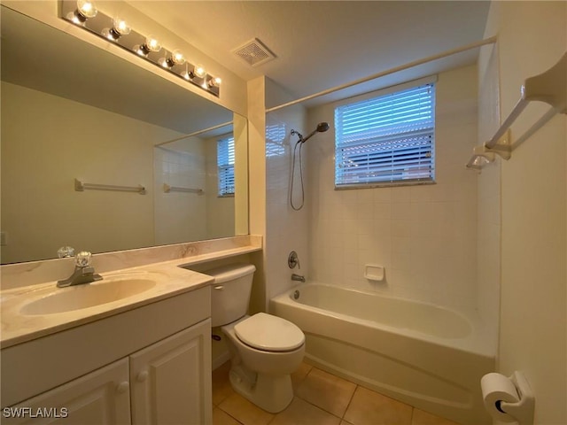 bathroom with tile patterned flooring, toilet, washtub / shower combination, and vanity