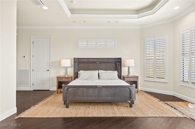 15460 Catalpa Cove Ln, Fort Myers, FL 33908 - bedroom with a tray ceiling, wood finished floors, crown molding, recessed lighting, and baseboards