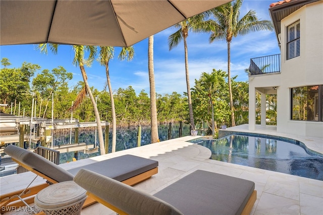 15460 Catalpa Cove Ln, Fort Myers, FL 33908 - swimming pool featuring boat lift, a dock, a patio area, and view of wooded area