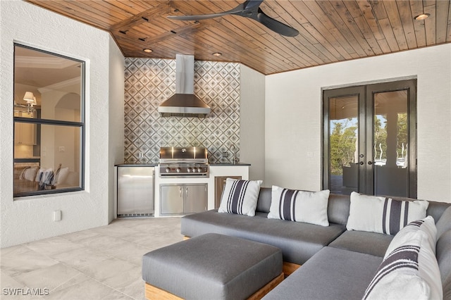 15460 Catalpa Cove Ln, Fort Myers, FL 33908 - living room with wooden ceiling, french doors, ceiling fan, and a textured wall