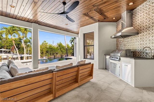 15460 Catalpa Cove Ln, Fort Myers, FL 33908 - kitchen with wall chimney range hood, wooden ceiling, a sink, decorative backsplash, and dark countertops