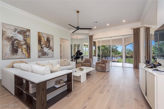 living area with visible vents, ornamental molding, recessed lighting, a ceiling fan, and light wood-style flooring