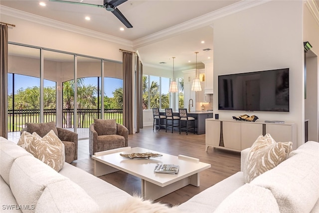 living area with ornamental molding, a ceiling fan, recessed lighting, and wood finished floors