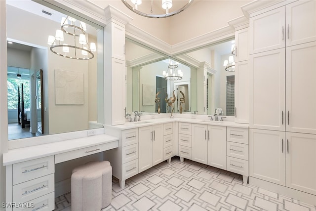 full bathroom with vanity, visible vents, and a notable chandelier