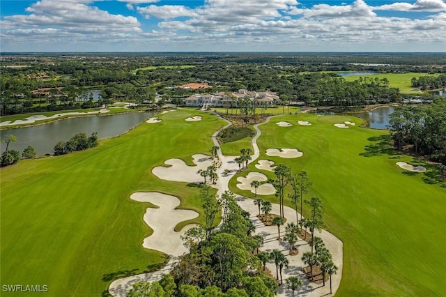 bird's eye view with a residential view, a water view, and golf course view