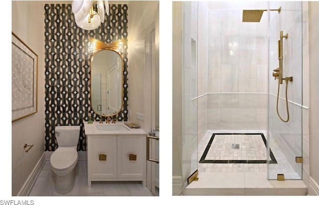 16995 Porta Vecchio Way Unit 202, Naples, FL 34110 - full bathroom with toilet, vanity, baseboards, tiled shower, and tile patterned flooring