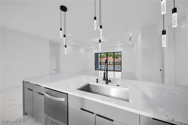 4026 SE 3rd Ave, Cape Coral, FL 33904 - kitchen featuring modern cabinets, dishwasher, a sink, light stone counters, and marble finish floor