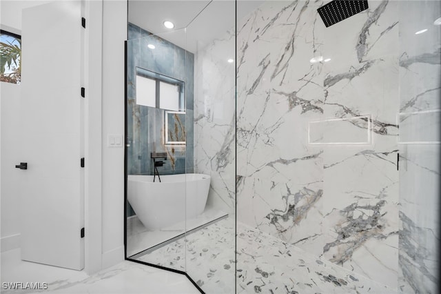 4026 SE 3rd Ave, Cape Coral, FL 33904 - full bathroom featuring marble finish floor, a marble finish shower, a soaking tub, and a wealth of natural light