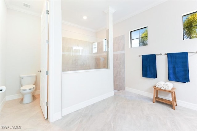bathroom with a walk in shower, tile patterned floors, visible vents, and ornamental molding