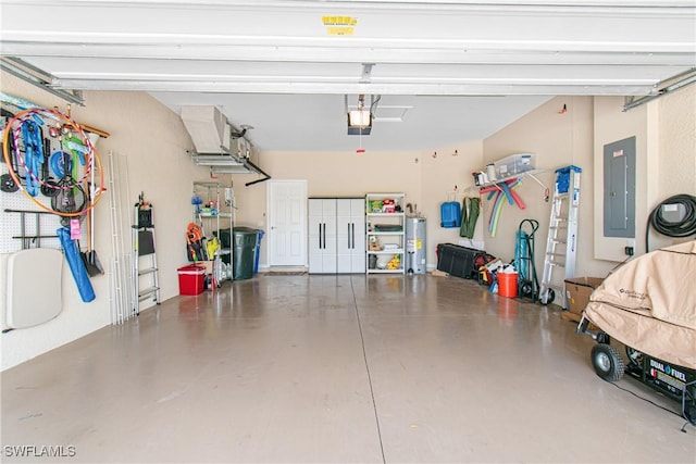 garage with electric panel, electric water heater, and a garage door opener