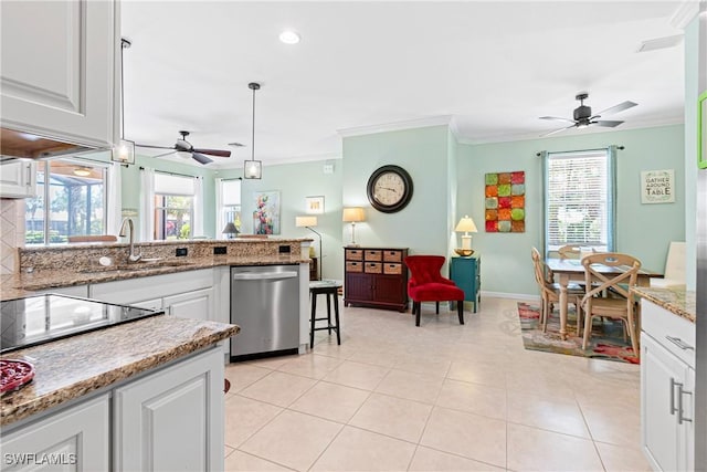 kitchen with crown molding, ceiling fan, a sink, and dishwasher