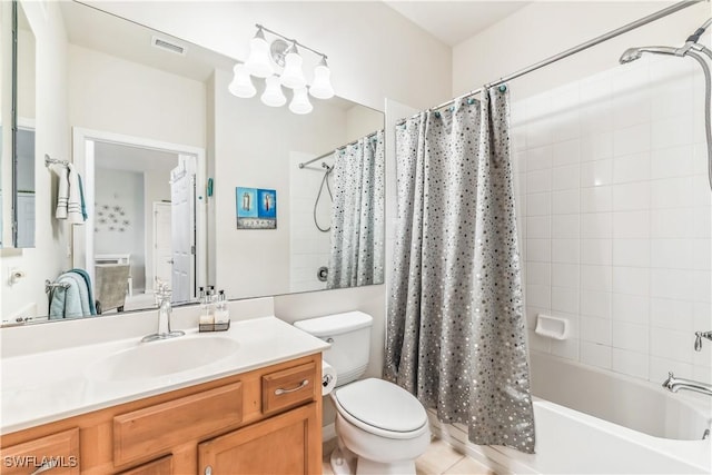 full bathroom featuring vanity, visible vents, toilet, and shower / tub combo