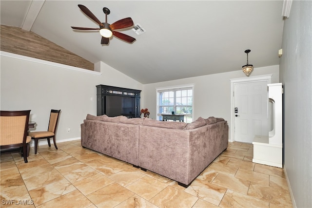 living room featuring a ceiling fan, high vaulted ceiling, baseboards, and beam ceiling
