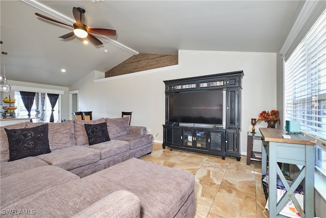 living room featuring a ceiling fan, plenty of natural light, baseboards, and recessed lighting