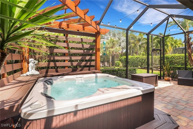 20263 Cypress Shadows Blvd, Estero, FL 33928 - view of swimming pool with a patio area, glass enclosure, a pergola, and a hot tub