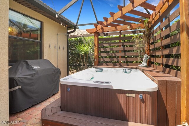 20263 Cypress Shadows Blvd, Estero, FL 33928 - deck featuring a hot tub, a pergola, and a grill