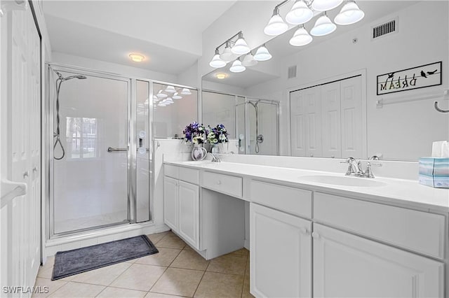 bathroom featuring a sink, tile patterned floors, a stall shower, and visible vents