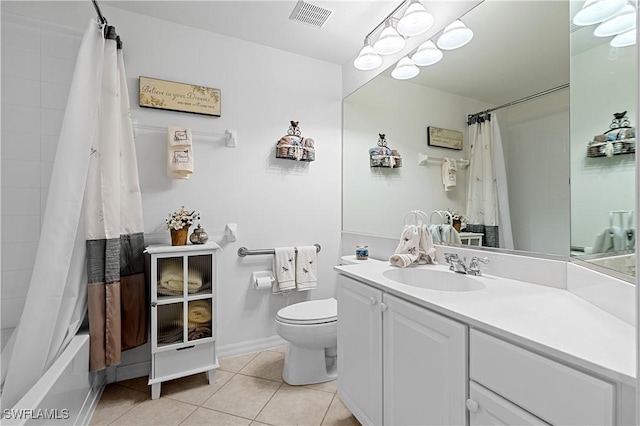 full bathroom featuring vanity, toilet, tile patterned floors, shower / bath combination with curtain, and visible vents